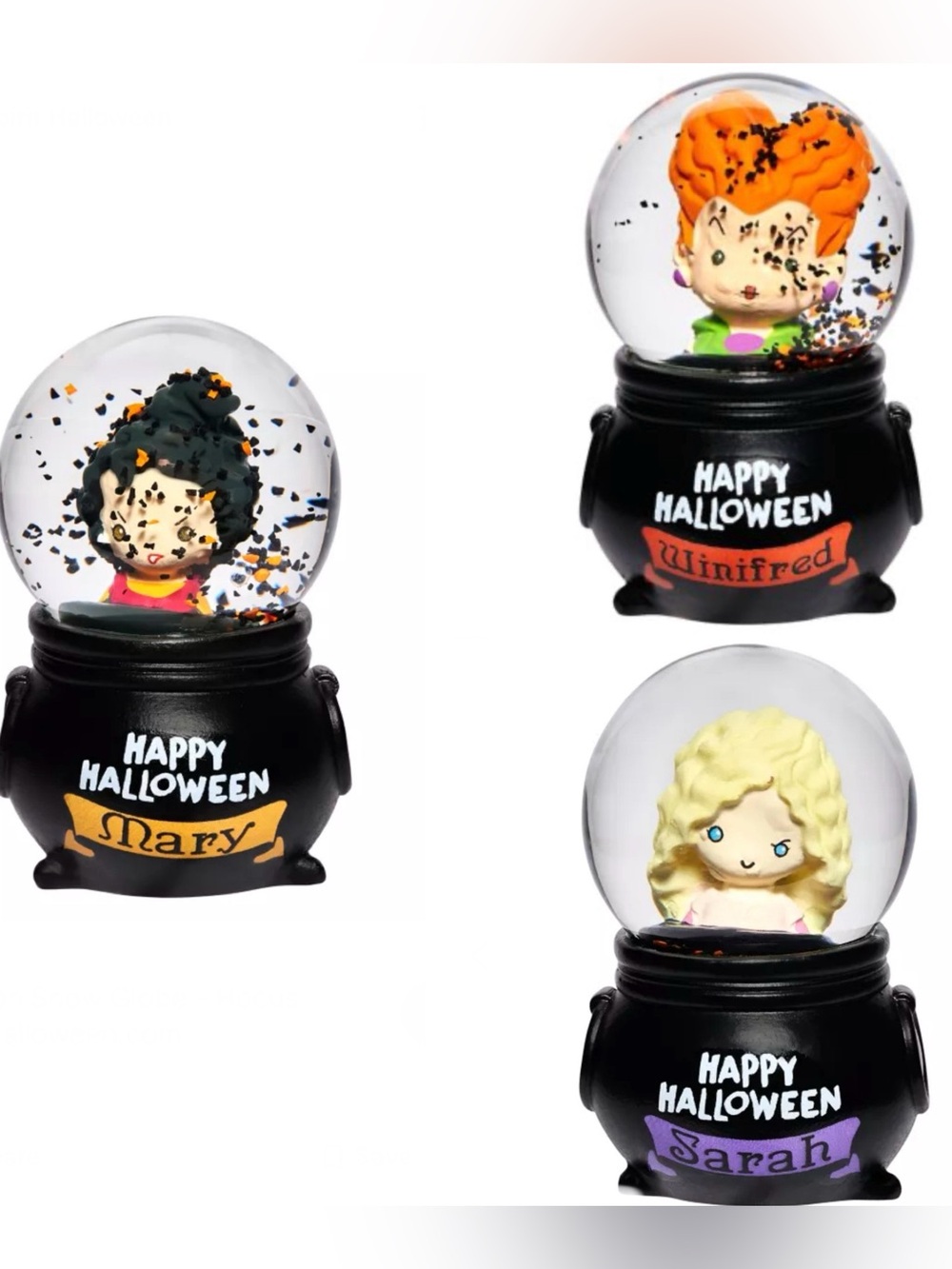 Disney Halloween Cauldron Snow Globes with Orange, Black, Blonde, Green Accents